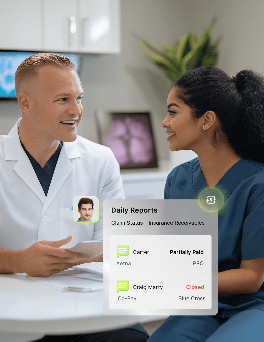 Revenue Cycle Receivables Two dental professionals discussing reports in an office, with a digital overlay showing insurance claim statuses.