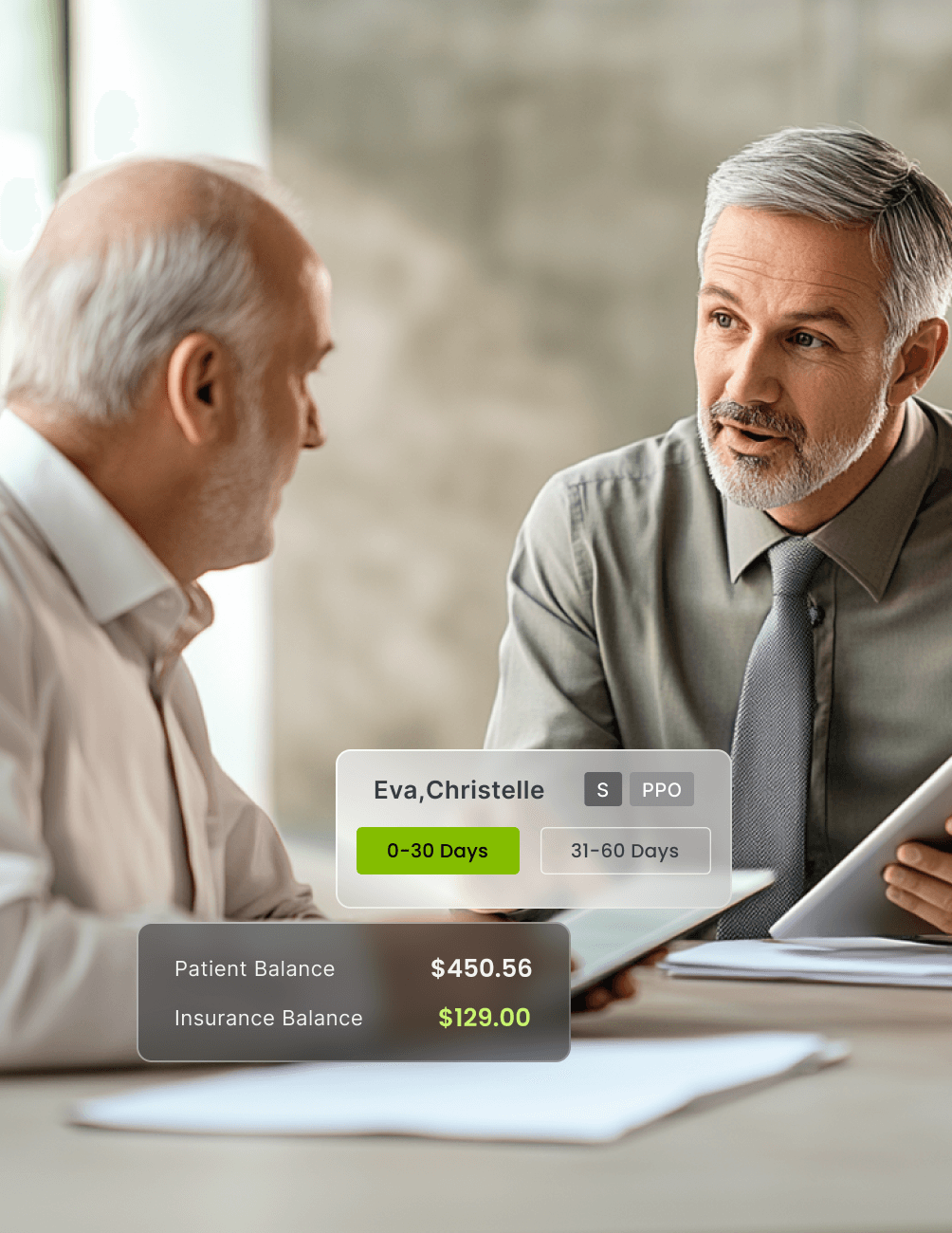 Pre-Organized Workable Lists Two men discussing finances with a tablet. Overlay shows balances: Patient $450.56, Insurance $129.00, and a highlighted 0-30 Days tab.