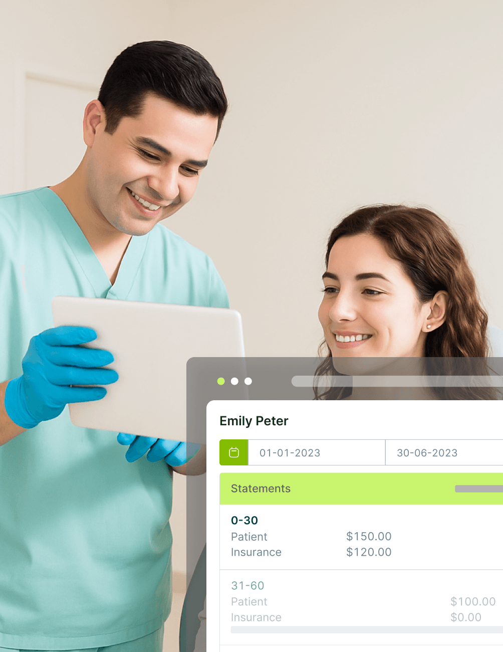 Patient Revenue Cycle Aging A dental professional shows a smiling woman a tablet. An overlay displays billing information for Emily Peter.