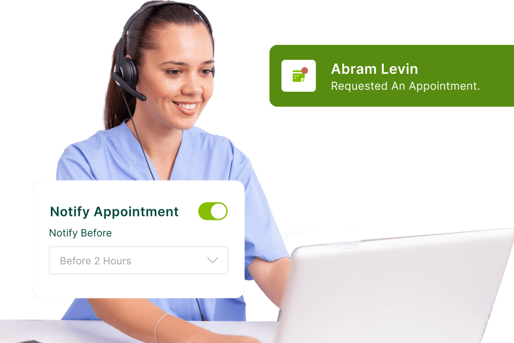 High Value Treatment Conversion Appointment alert displaying a new patient appointment request with notification settings enabled.