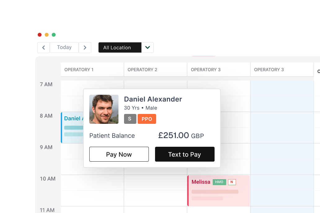 No More Gaps in Your Diary Calendar interface displaying a patient balance of £251.00 with Pay Now and Text to Pay payment options.