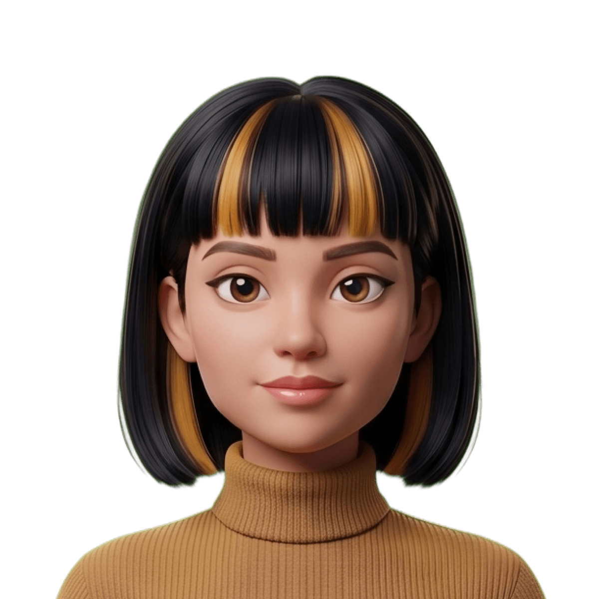 Casey A digital illustration of a woman with straight black hair and yellow streaks, wearing a brown turtleneck, smiling slightly.