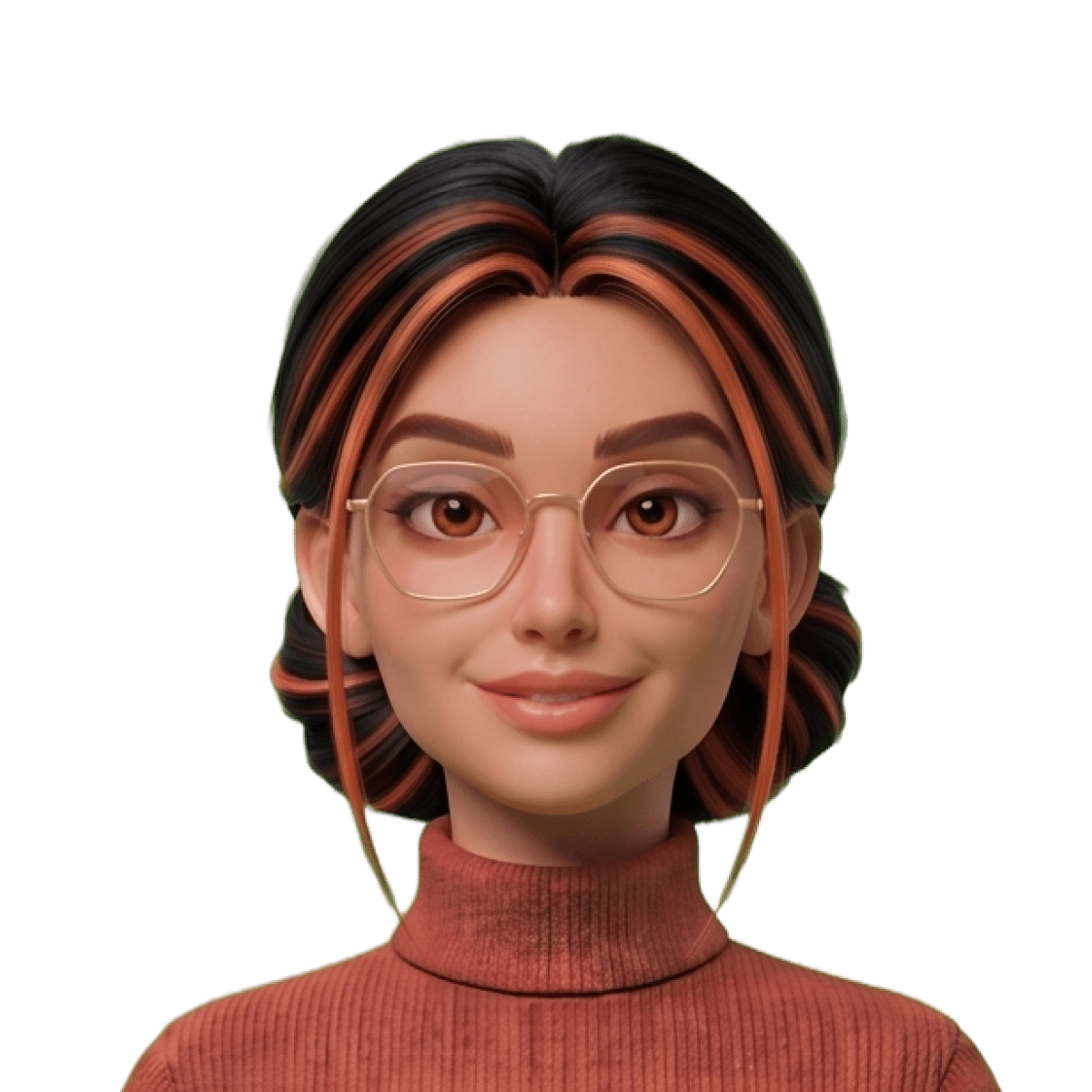 Cara Animated character with glasses, long hair in a mix of black and orange, wearing a turtle-neck sweater, smiling at the viewer.