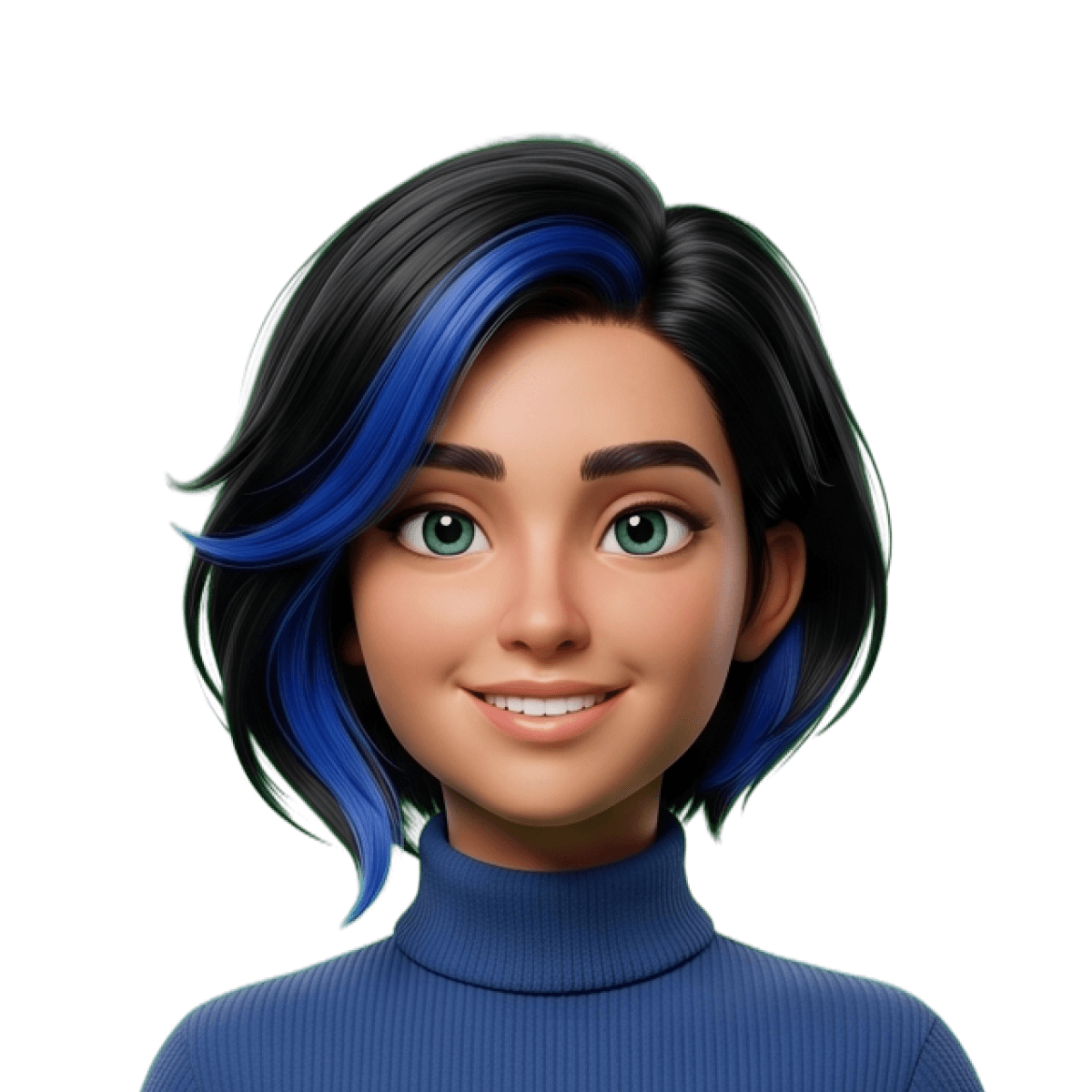 Connie Smiling female animated character with black hair featuring blue highlights, wearing a blue turtleneck, set against a white background.
