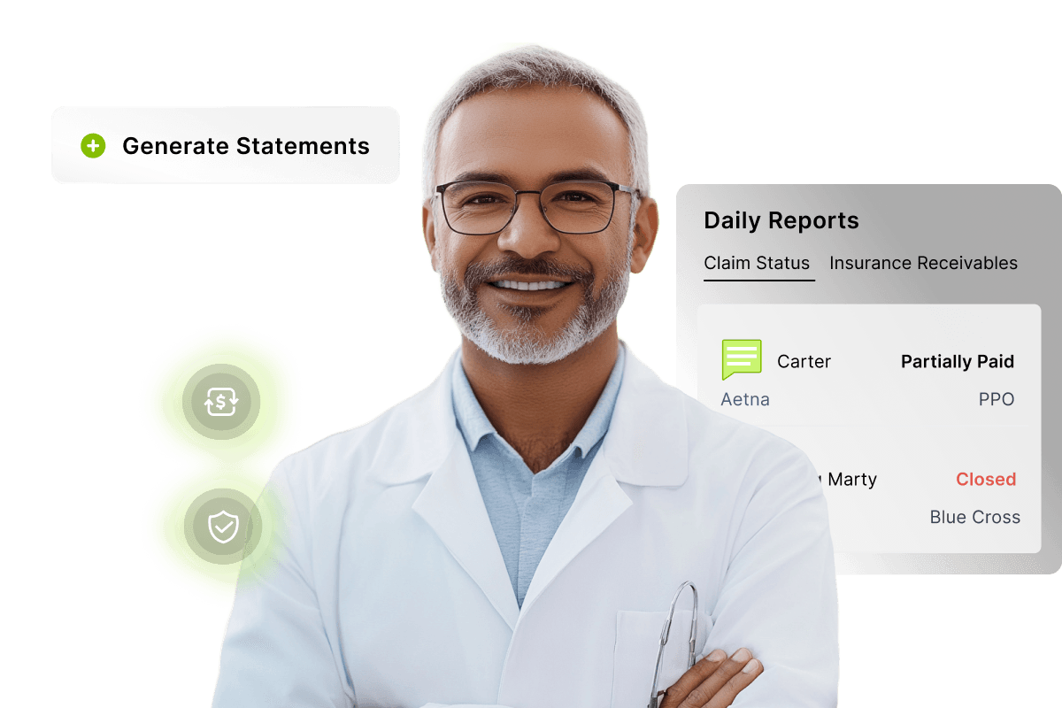 Revenue Cycle Management Smiling dentist in a lab coat with digital icons and a daily reports interface showing claim statuses and insurance information.