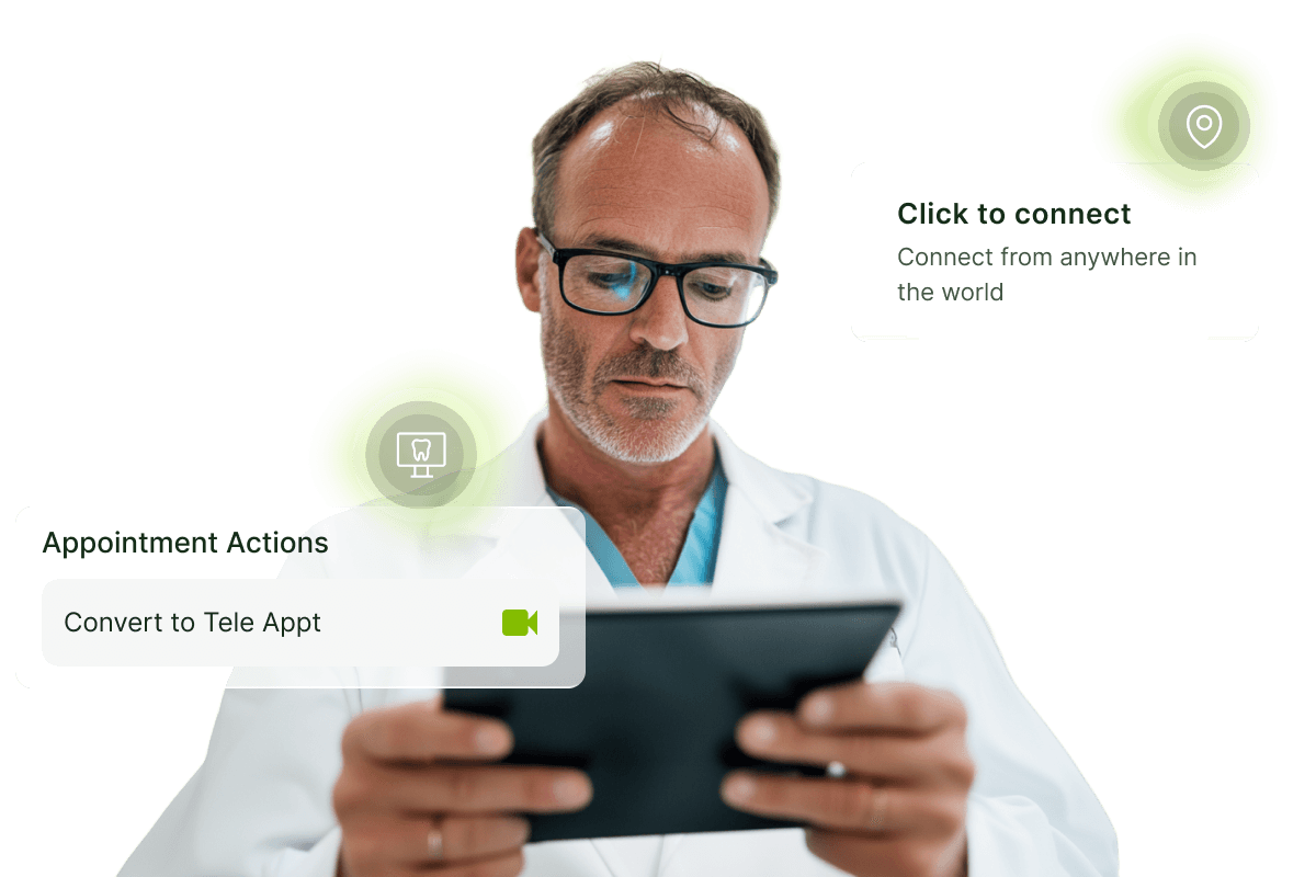 Built-in Teledentistry Dentist in a white coat uses a tablet. Text bubbles show options for "Convert to Tele App" and "Click to connect" with icons.