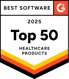 Best Software top 50 2025 Badge labeled "Best Software G2," recognizing "Top 50 Healthcare Products" in 2025, with a red, orange, and yellow gradient design.