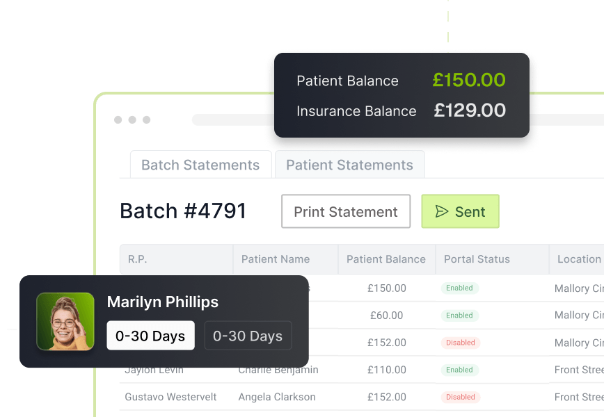 Revenue Cycle Management Medical billing interface showing batch #4791 with patient and insurance balances, and a profile labeled "Marilyn Phillips" with a 0–30 days balance.